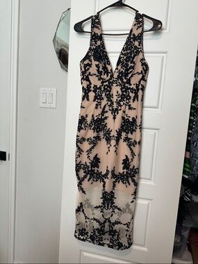 Bardot Nude and Black Lace Midi Dress